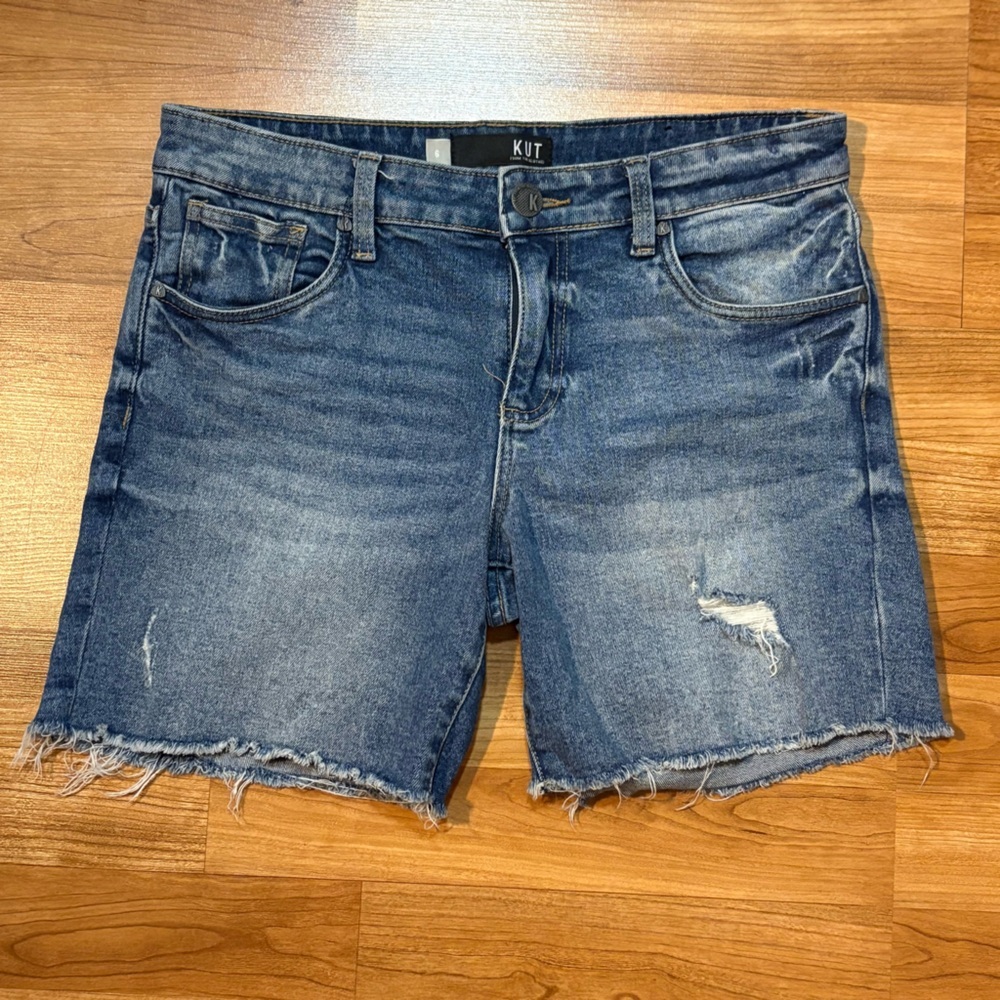Kut From The Kloth Sophia Shorts Womens 6 Blue Distressed Denim Raw Hem Casual